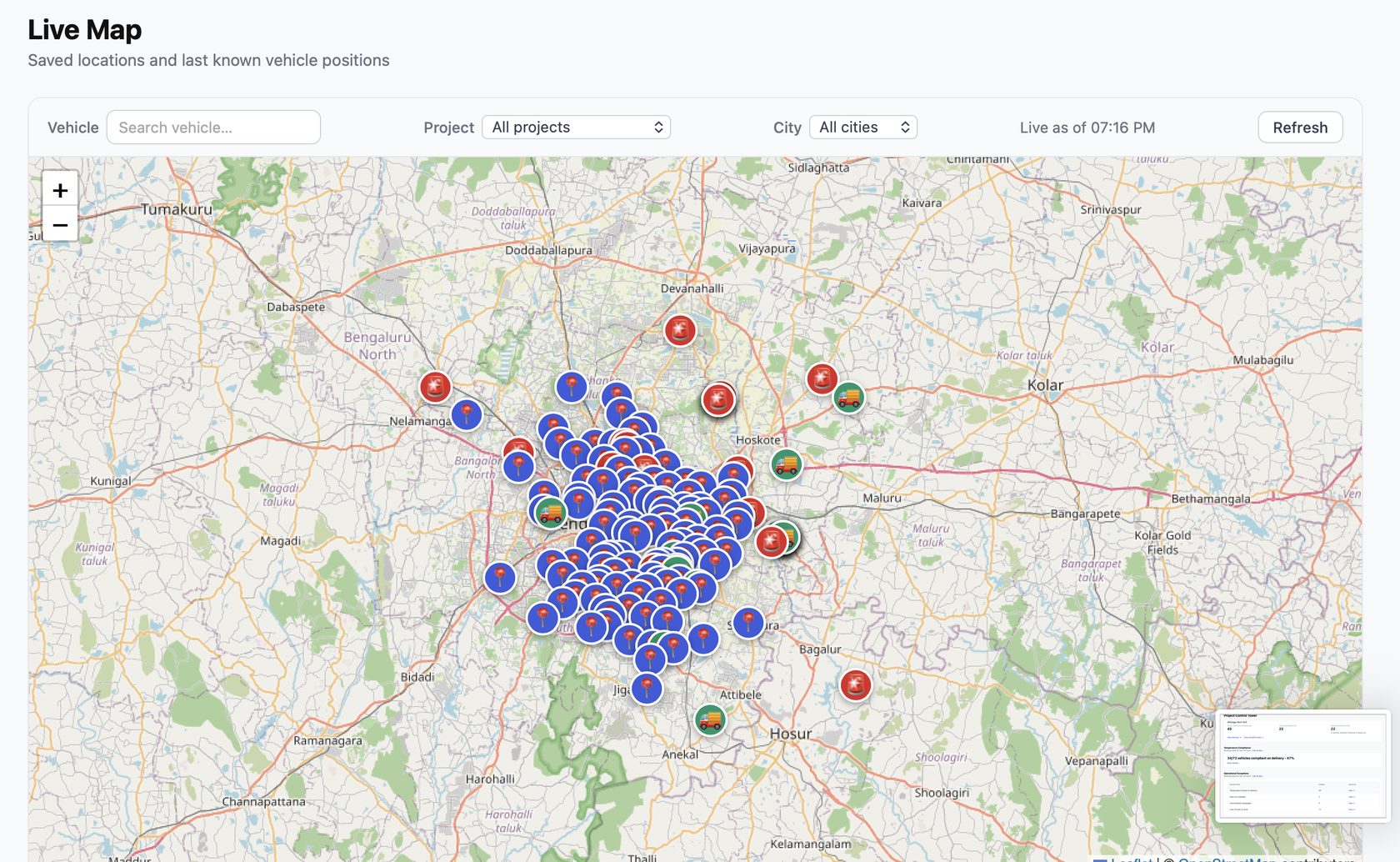 ShippriQ Live Map screen showing fleet vehicle positions and saved locations across Bengaluru